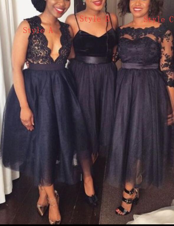Mismatch Black Tea Length Bridesmaid Dress, Black Wedding Party Dresses, Tulle And Lace Party Dress