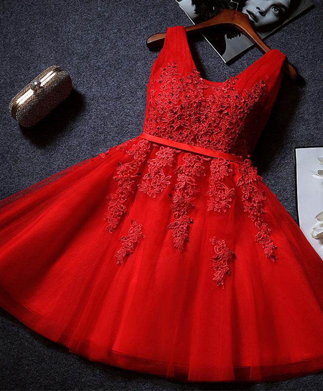 Beautiful Red Short Tulle Lace Applique Party Dress, Red Short Teen Formal Dress, Red Party Dress