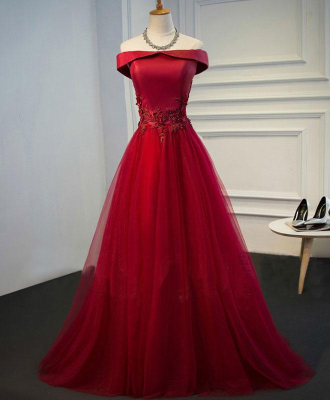 Red Satin And Tulle Off Shoulder Long Formal Gowns, Red Party Dress, Lace-up Back Party Dress