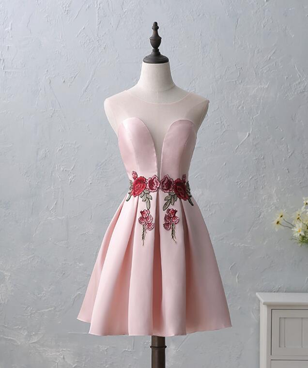 Sweet Pink Strapless Satin Printed Floral Short Birthday Party Dress Formal Homecoming Dress SP188 main image 0