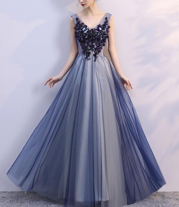 Beautiful Blue Tulle V-neckline Long Party Dress, Tulle Formal Gowns