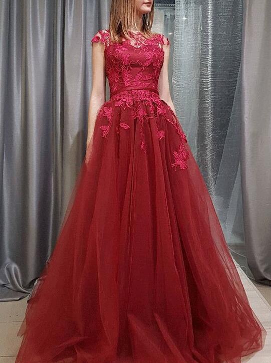 Burgundy A-line Lace And Tulle Long Formal Dress 2018, Charming Party Dress, Formal Gowns