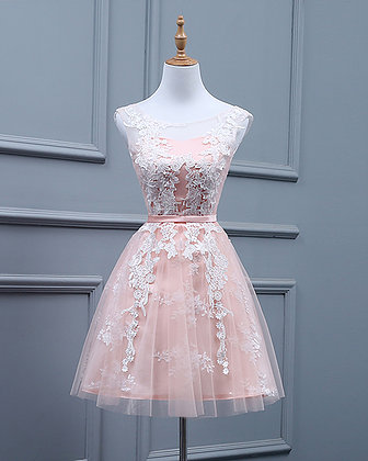 Light Pink Short Tulle Teen Party Dress With Lace, Pink Party Dress 2018, Short Formal Dress