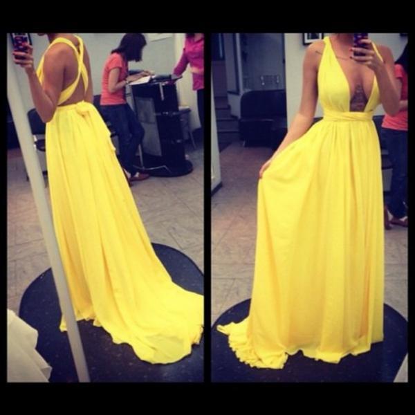 Sexy Yellow Cross Back Long Party Dress, Sexy Formal Gowns, Evening Party Dresses 2018