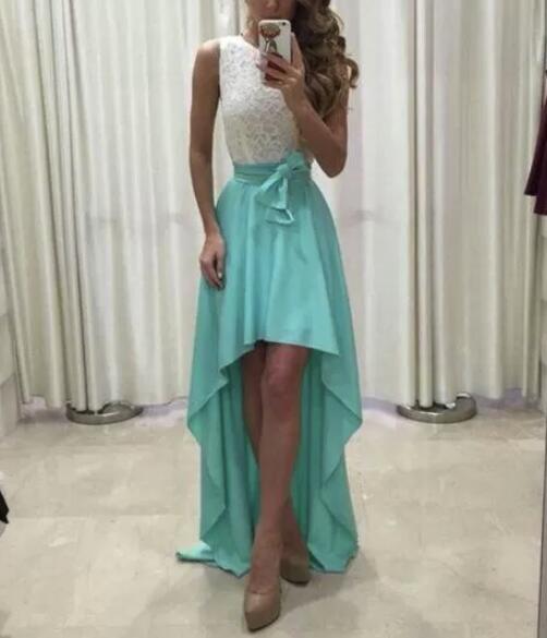 Chiffon And Lace High Low Round Neckline Prom Dress, Chiffon Prom Dress, Party Dress 2018