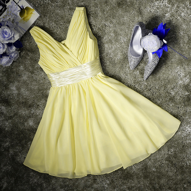 Light Yellow Chiffon Pretty Bridesmaid Dress, Knee Length Formal Dress, Yellow Bridesmaid Dresses 2018