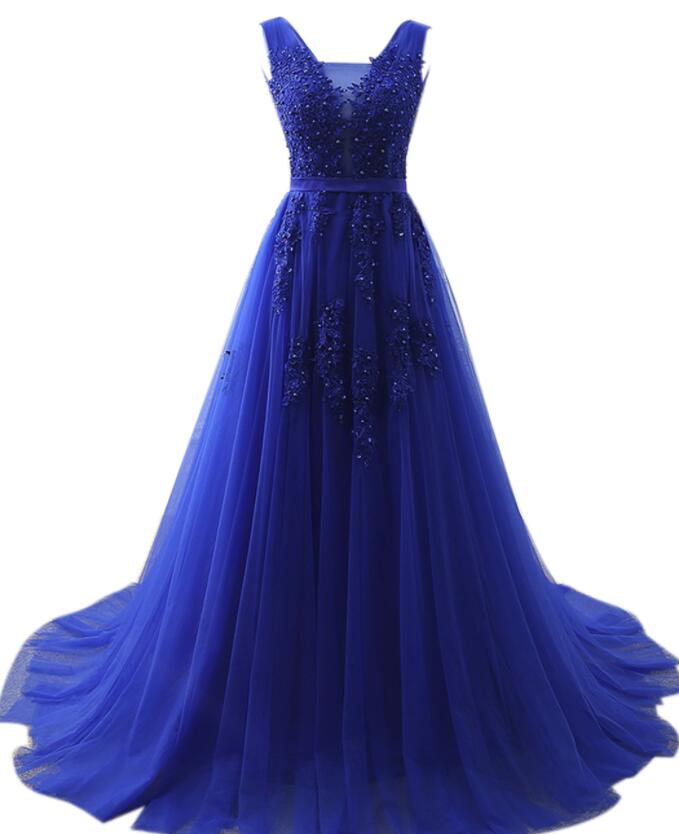 Royal Blue Tulle V-neckline Long Elegant Formal Gowns, Blue Party Dresses, Formal Dresses 2018