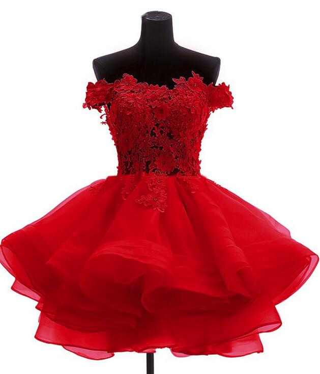Red Off Shoulder Organza With Lace Detail Formal Dress, Red Formal Dresses, Red Party Dress 2018