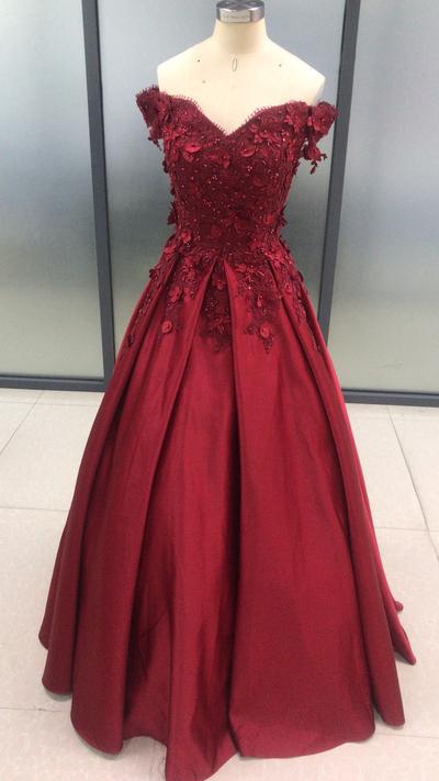 Dark Red Satin Off Shoulder Lace Applique Floor Length Prom Dress, Beautiful Formal Gowns, Pretty Party Dress 2018