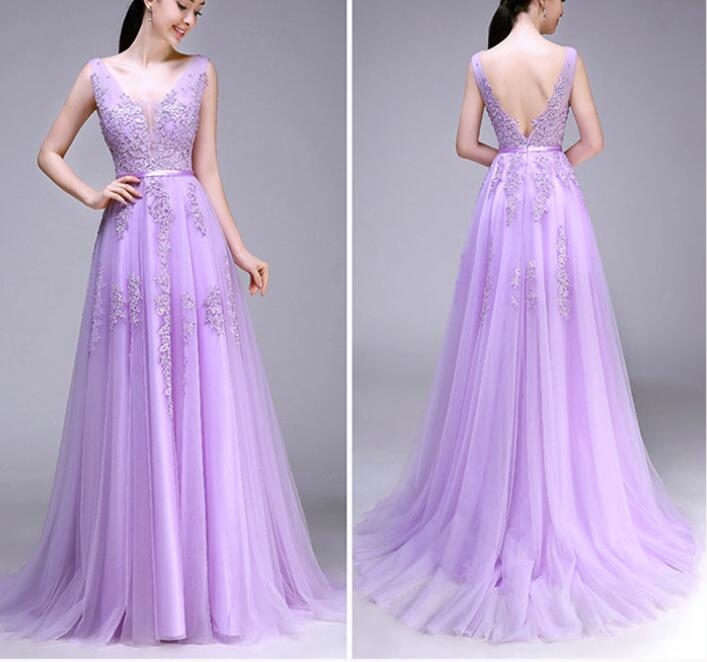 Cute Lilac Tulle V-neckline Handmade Prom Dress, Beautiful Prom Dress, Lovely Party Dress