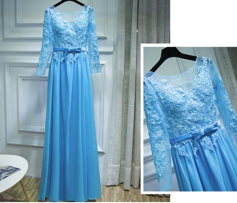 Light Blue Chiffon Long Sleeves Formal Dress With Lace Applique, Blue Wedding Party Dress