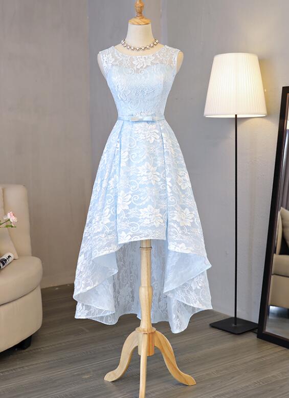Ice Blue Elegant High Low Teen Party Dress, Beach Wedding Party Dress, Lace Formal Dresses