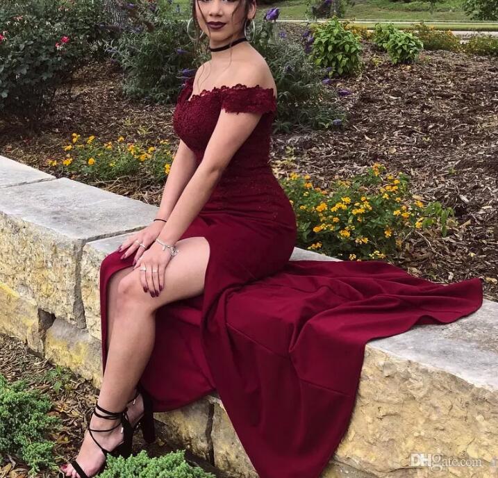 Wine Red Beautiful Off Shoulder Sweetheart Slit Party Dress, Charming Formal Gowns, Burgundy Evening Dresses