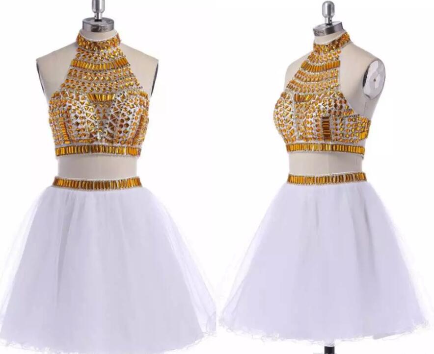 Two Piece Beaded Halter White Tulle Short Party Dresses, Cocktail Dresses, Teen Formal Dresses