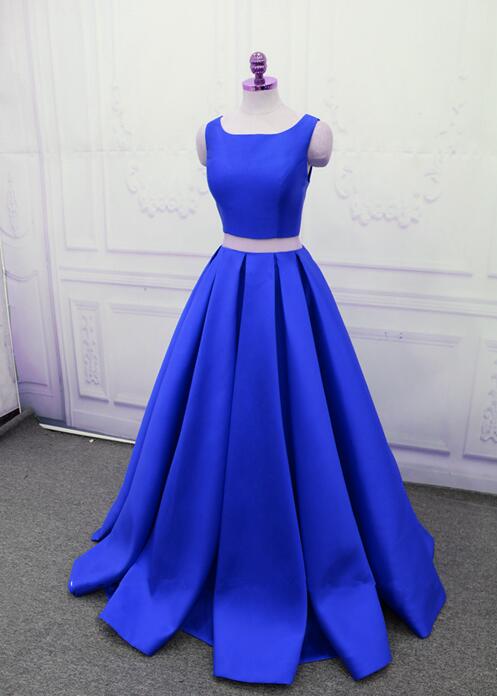Two Piece Long Party Dresses, Satin Formal Dress, Royal Blue Formal Dresses
