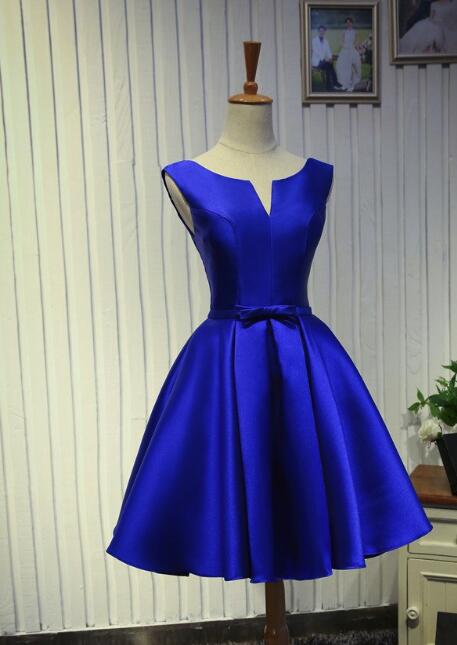 Royal Blue Satin Knee Length Homecoming Dress, Beautiful Party Dresses, Royal Blue Wedding Party Dresses