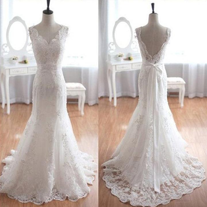 Elegant Lace White Mermaid Long Formal Dress, Romantic Wedding Gowns, Charming Lace Bridal Gowns