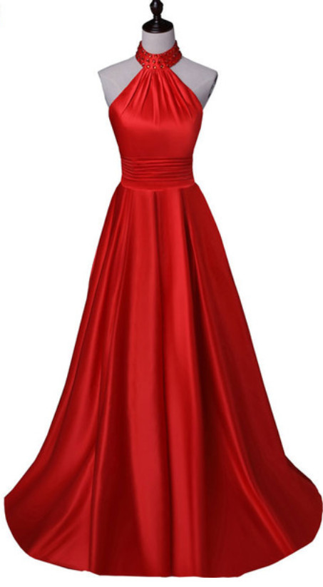 Red Long Party Dresses, Halter Satin High Quality Formal Dresses, Red Formal Gowns