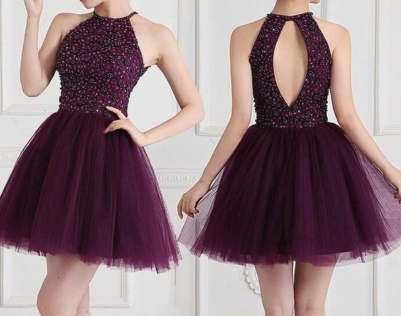 Dark Purple Halter Short Tulle Beaded Homecoming Dress 2018, Pretty Party Dresses, Homecoming Dress 2018
