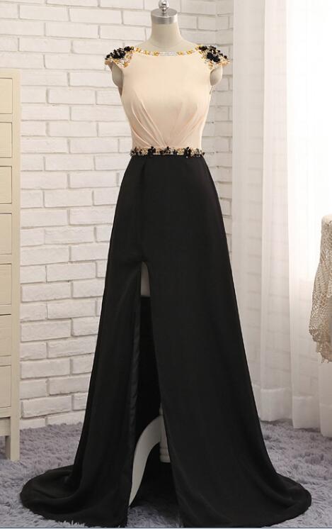 Chiffon Slit Elegant Long Round Neck Long Black Chiffon Wedding Party Dress,  Cap Sleeves Women Eveni on Luulla
