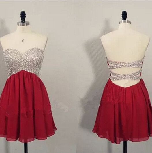 Sweetheart Wine Red Chiffon Beaded And Sequins Homecoming Dresses, Cross Back Party Dresses