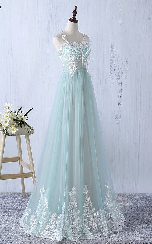 Beautiful Elegant Tulle Long Spaghetti Straps Formal Gowns, A-line Tulle Party Dress, Pretty Party Dresses
