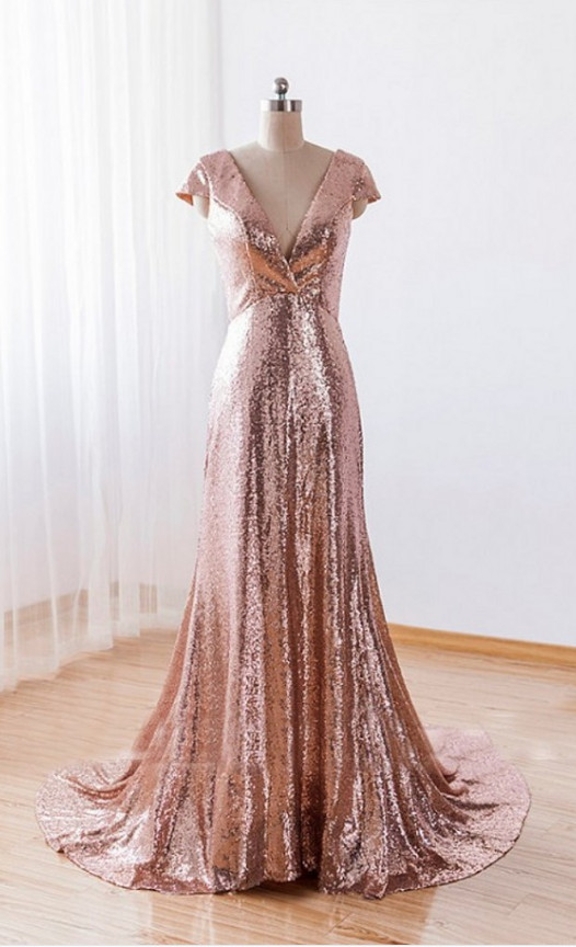 Sequins Pink A-line Bridesmaid Dresses, Cap Sleeves Deep V-neckline Formal Gowns, Wedding Party Dresses
