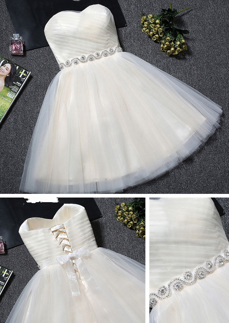 Lovely Ivory Tulle Lace-up Graduation Dresses, Short Prom Dresses, Prom Dress With Belt