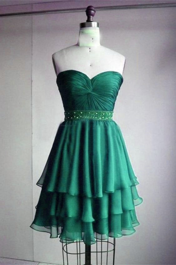 Beautiful Green Chiffon Layered Short Wedding Party Dress, Sweetheart Beaded Handmade Formal Dress
