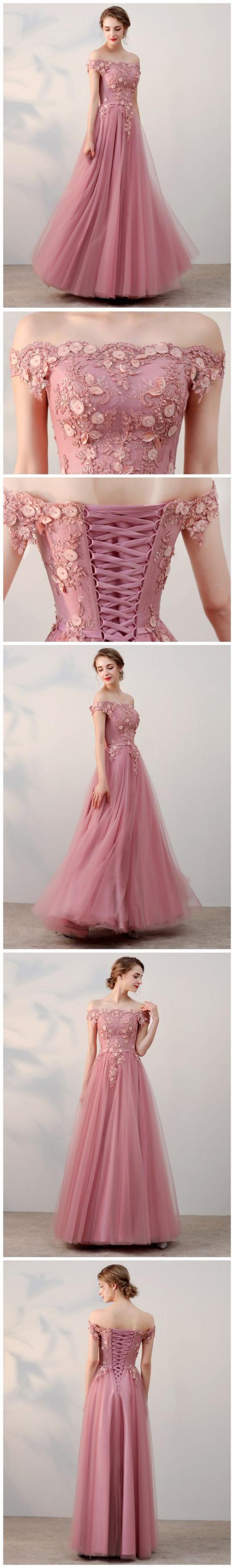 Dark Pink Off Shoulder Tulle Long Formal Gowns, Applique Handmade Evening Dresses, Prom Dress 2018