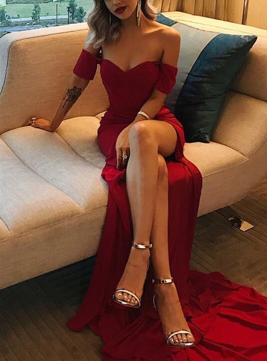 Dark Red Slit Sweetheart Off Shoulder Evening Dress, Beautiful Sexy Formal Gowns, Party Dress