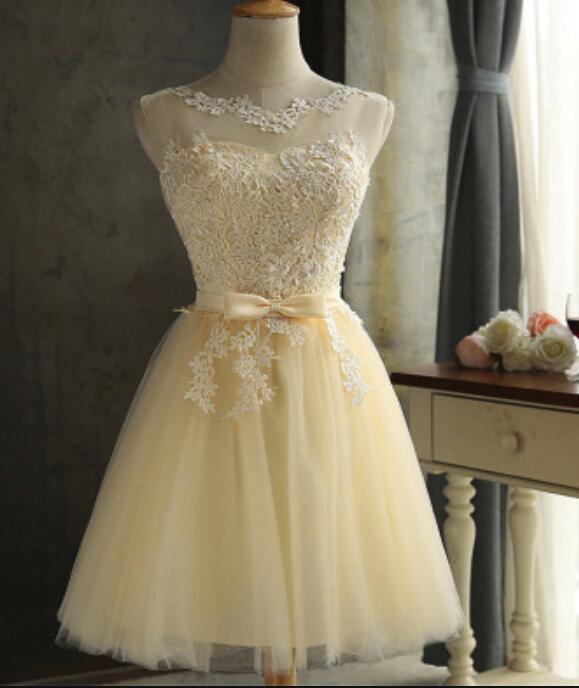 Champagne Short Tulle Party Dress, Lovely Formal Dress, Champagne Prom Dress