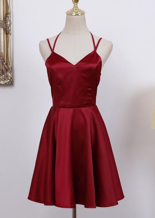 Lovely Straps Short Wine Red Homecoming Dress, Cute Formal Dress, Satin Party Dress