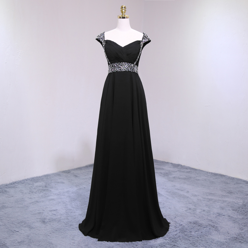 Charming Black Chiffon Featuring V Neckline And Cap Sleeve Prom Dress, Black Party Gowns For Formal