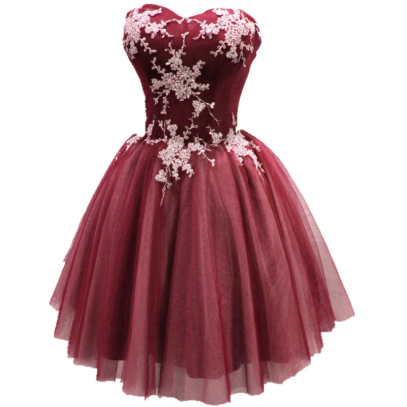 Wine Red Tulle Homecoming Dress With White Applique, Cute Party Dress 2018, Sweetheart Homecoming Dresses