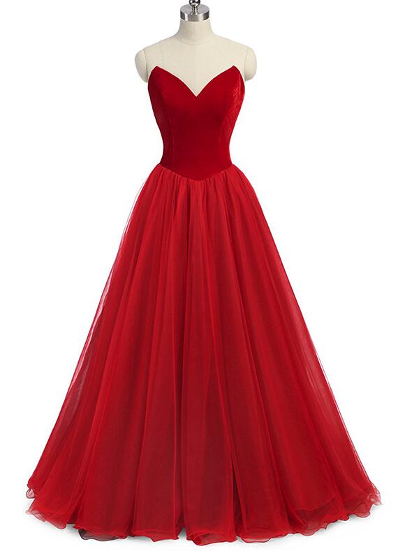 Red Gorgeous V-neckline Velvet Top Long Formal Gowns, Red Prom Dress, Beautiful Party Gowns