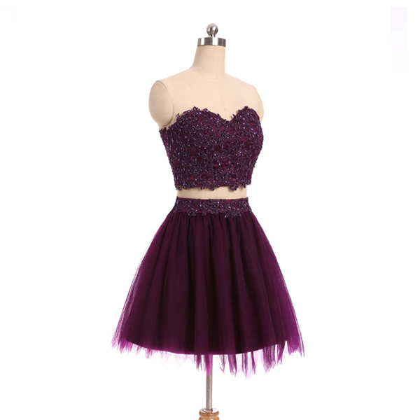 Two Piece Dark Purple Tulle Homecoming Dress, Sweetheart Applique Cute Formal Dress