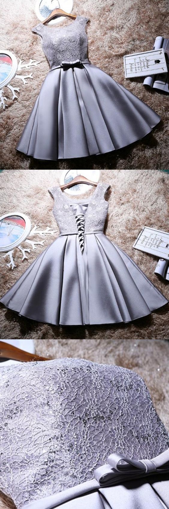 Grey Lace And Satin Homecoming Dress With Sash, Lovely Party Dress, Formal Dress 2018
