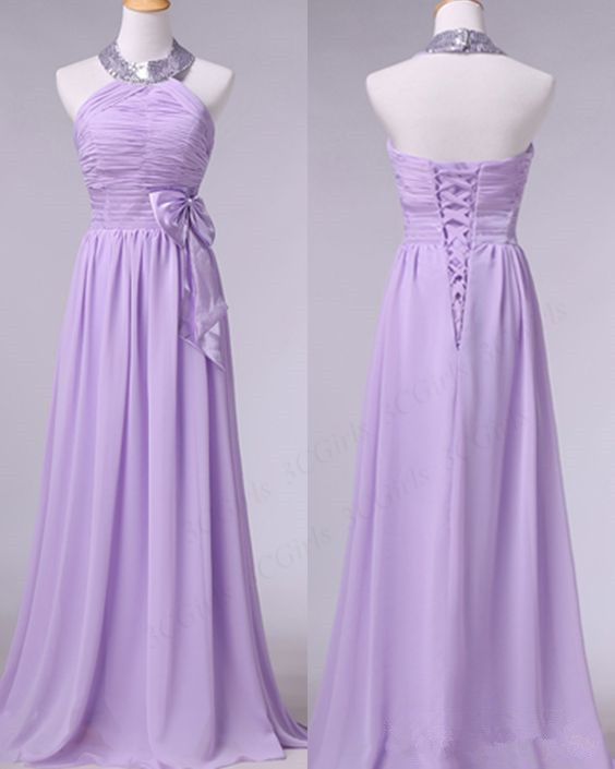 Simple Chiffon Lavender Bridesmaid Dresses, Halter Bridesmaid Dresses, Formal Dresses, Long Party Gowns