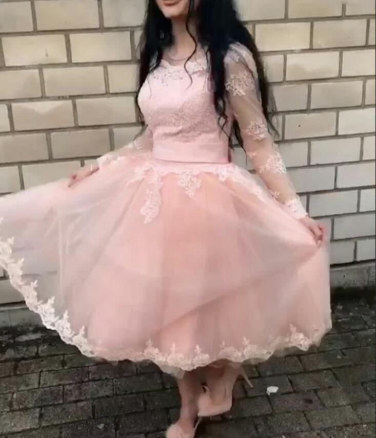 Cute Pink Long Sleeves Tea Length Party Dress, Tulle Handmade Formal Dress, Party Dress 2019