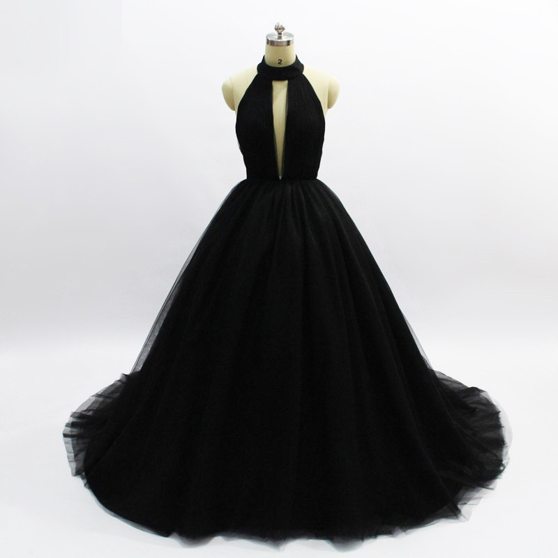 Black Tulle Halter Backless Long Prom Dress, Black Party Dress, Black Formal Dress