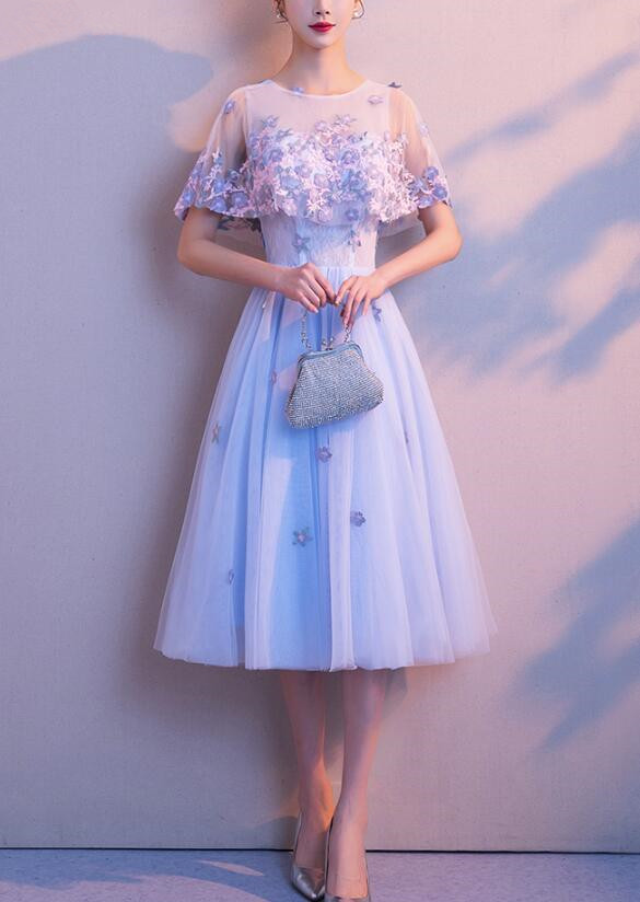 Light Blue Cute Tea Length Party Dresses, Lovely Formal Gowns, Elegant Party Dresses