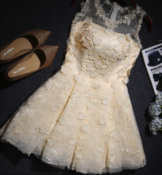 Champagne Lace Homecoming Dresses, Lovely Formal Dresses, Cute Party Dresses