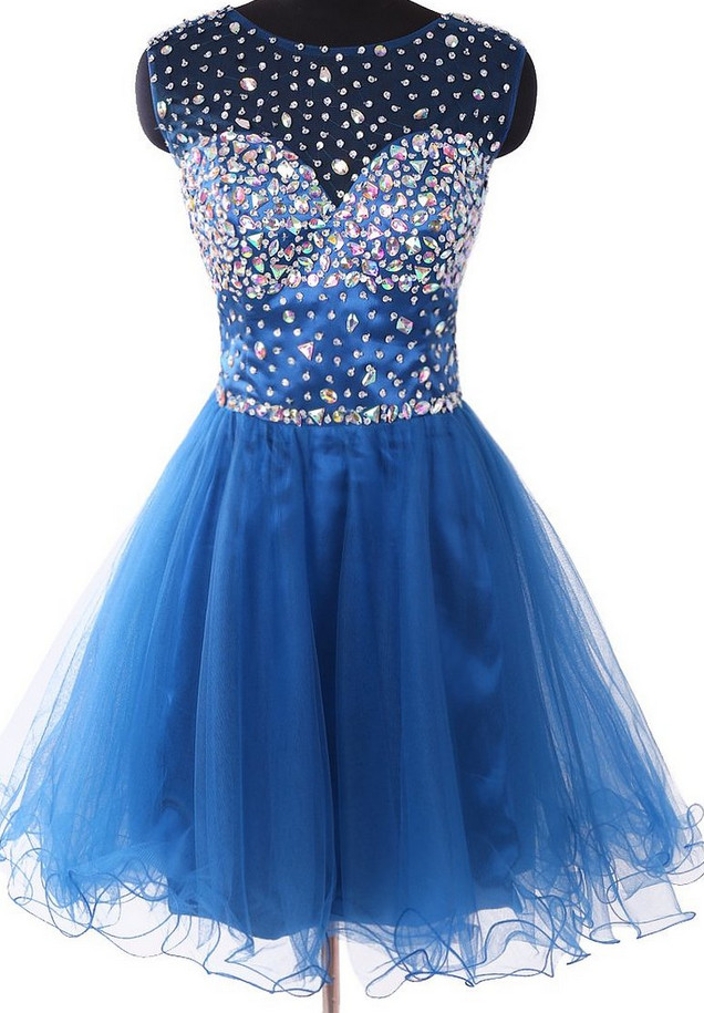 Blue Beaded Homecoming Dress, Tulle Party Dress, Short Prom Dress