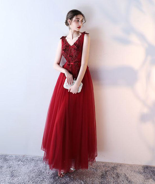 Wine Red Long Tulle V-neckline Formal Gowns, Prom Dress 2019, Burgundy Formal Dress