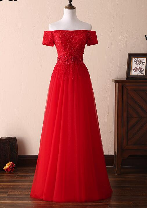 Red Off Shoulder Tulle Lace Floor Length Gowns, Prom Gowns 2019, Off Shoulder Formal Dresses