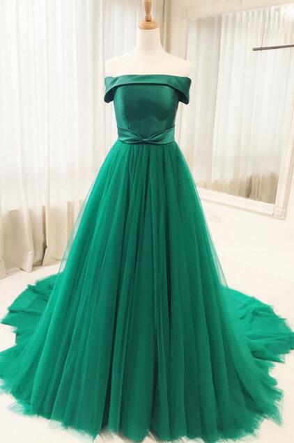 Green Tulle Sweep Train A Line Prom Dresses, Pretty Party Dresses 2019