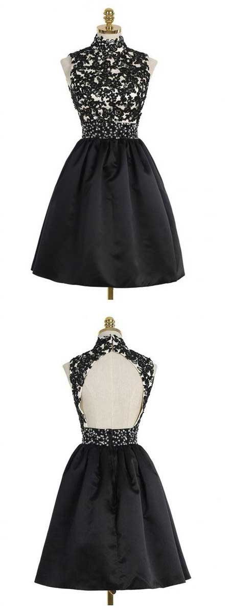 Black Short Homecoming Dresses, Halter Knee Length Lace Applique Formal Dresses