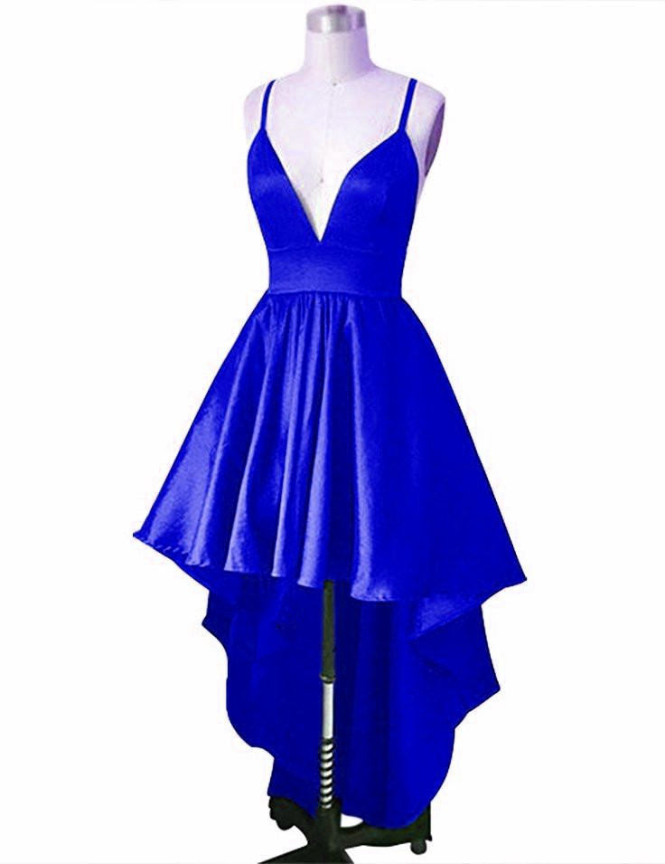 Royal Blue High Low Deep V-neckline Homecoming Dresses, Blue Homecoming Dress 2019
