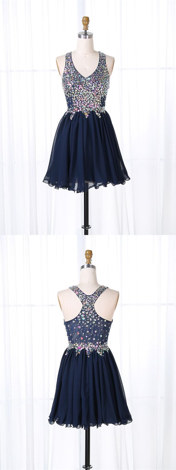 Navy Blue Beaded Homecoming Dresses, Cute Party Dress, Blue Short Prom Dress